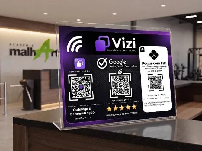 Plaquinha Expositora de Balcão Personalizada Google Avaliações, PIX e Instagram com QR Cod