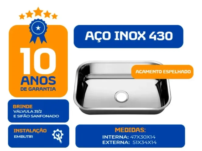Cuba para Pia Inox 430 Cozinha N°1 47x30x14 Funda