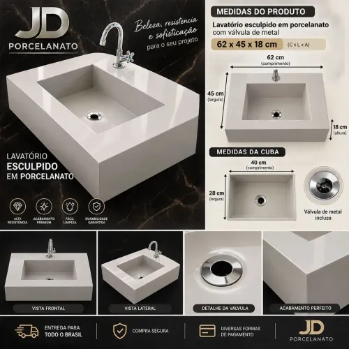 lavatório esculpidoem porcelanato 62x45