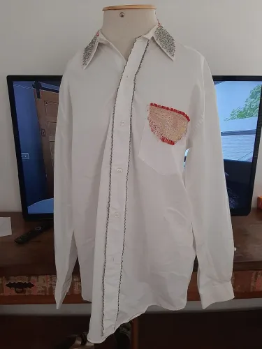 Camisa branca com pedraria festa verão mala escritório camisa branca vermelho prata