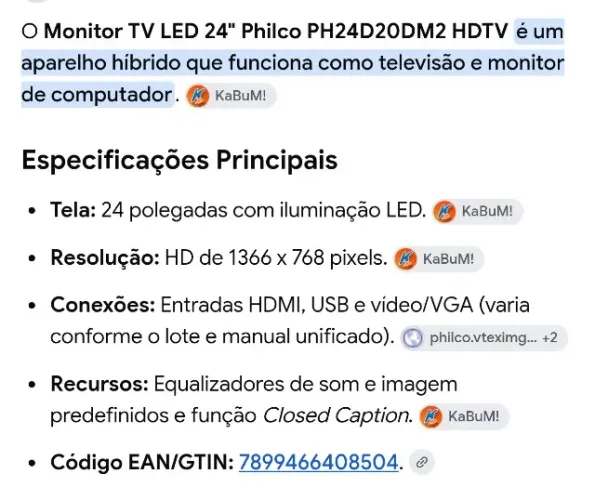 Monitor TV LED 24" Philco