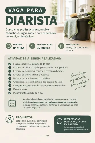Vaga para Diarista - R$ 200,00 a diária + almoço