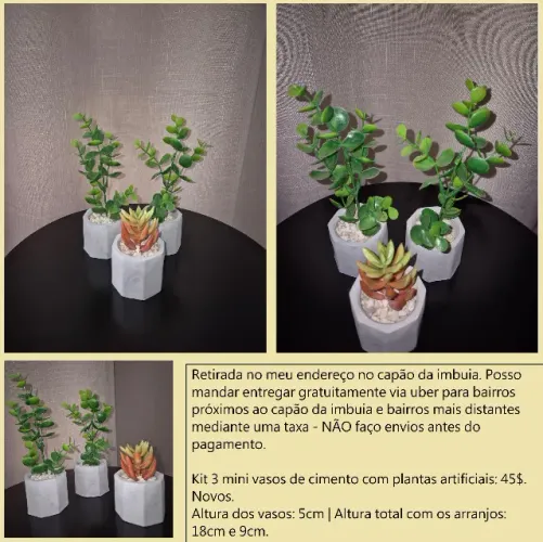 Kit 3 mini vasos com plantas artificiais novos