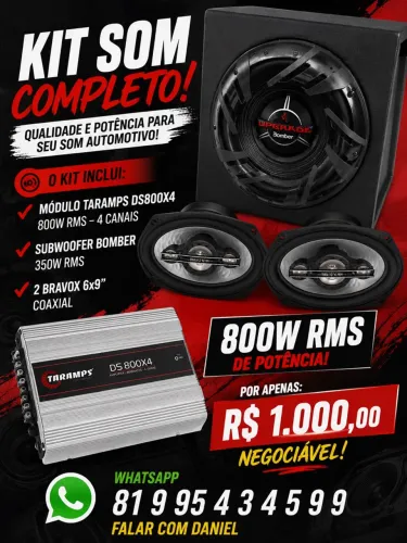 Kit Som Automotivo Taramps 800W + Bomber 350 RMS + 2 Bravox 6x9