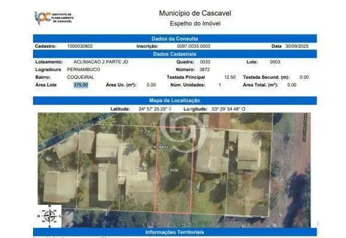 Terreno de 375 m2 à venda por R$ 489.000 - Coqueiral - Cascavel/PR