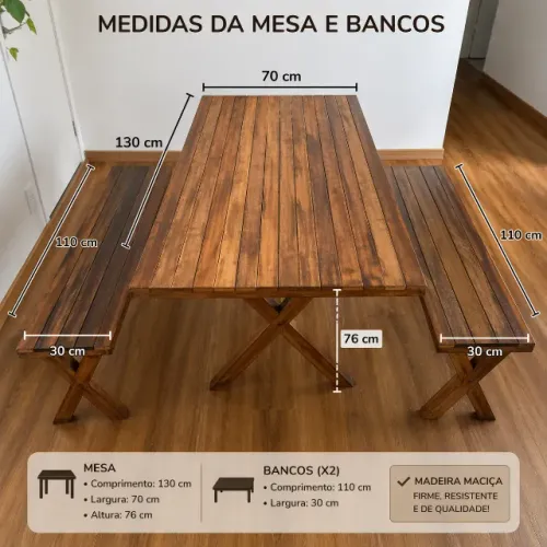 Mesa de Madeira Maciça com Bancos | Estilo Rústico | Churrasco / Área Gourmet