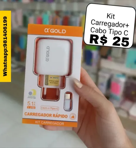 Kit Carregador+ Cabo Tipo C Gold R$ 25