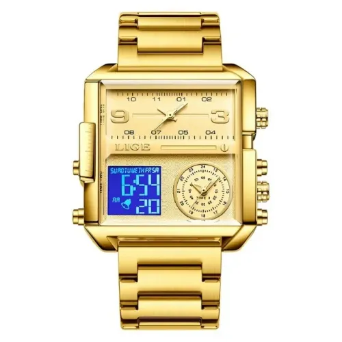 Relógio Lige Movimento Eletrônico Quartzo Masculino Social Dourado Aço LG8925 (Original)