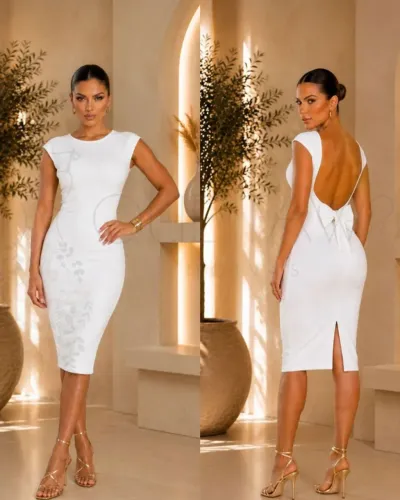 VESTIDO BRANCO DE NOIVA CIVIL PRÉ-WEDDING MIDI COM LAÇO NAS COSTAS MINIMALISTA SLIM