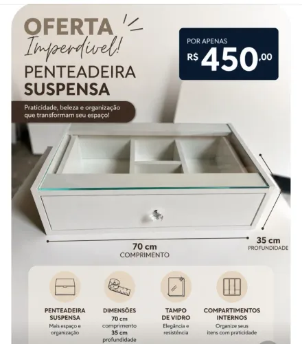 Penteadeira suspensa tampo de vidro 70cm por 35cm