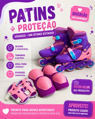 Patins + acessórios de proteção.