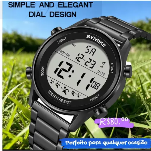 SKMEI Relógio de Pulso Digital Aço Inoxidável, Chrono 3Bar Display Black