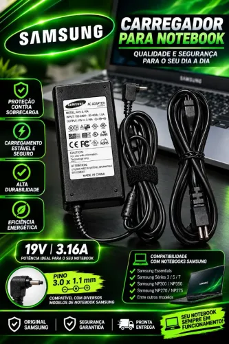 Carregador para Notebook Samsung pino fino 19V 3.16A Novo Promoção