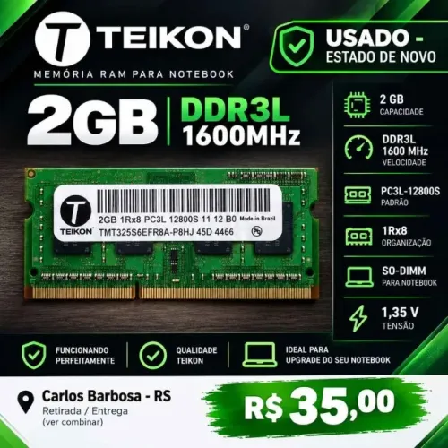 Memória RAM Teikon 2GB DDR3L 1600MHz Notebook
