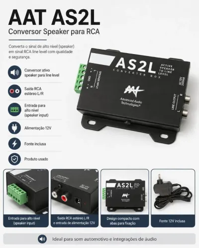 Conversor de Áudio AAT AS2L Ativo Speaker Linha para RCA com Fonte 12V