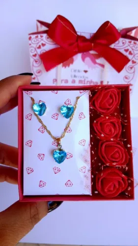 Conjunto coração azul Banhado no Ouro 18k | Presente dia dos Namorados 