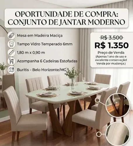 Mesa de jantar em madeira maciça + 6 cadeiras