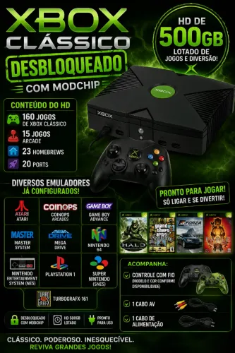 Xbox Classic-Classico Desbloqueado-Destravado Completo com HD 500gb cheio de jogos