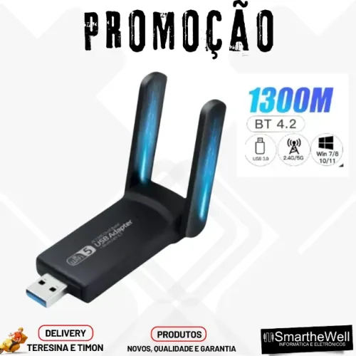 Adaptador USB Wi-FI Sem Fio 2.4 Ghz e 5.0 Ghz com Bluetooth 1300 Mbps