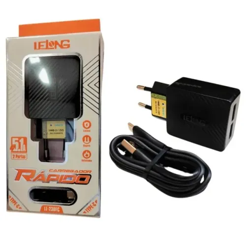 Kit Carregador 2 USB com Cabo Tipo C USB 5.1A - Lelong LE-233FC turbo 