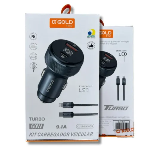 Carregador Veicular Turbo cabo iPhone 60W A'Gold Pro - Rápido e Seguro