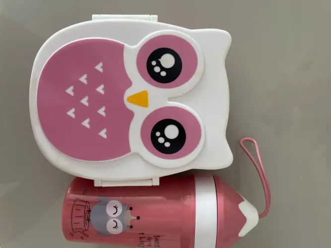 Kit Marmita de Plástico Coruja com Copo/Colher e Garfo 