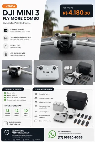 ? DJI MINI 3 FLY MORE COMBO + CONTROLE (SEM TELA) - IMPECÁVEL