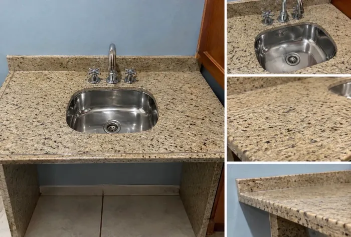 Bancada de Granito para cozinha com Cuba de Inox e Torneira
