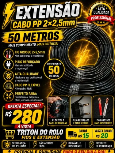 Extensão Cabo PP 2 x 2.5 mm Flexível 50 Metros