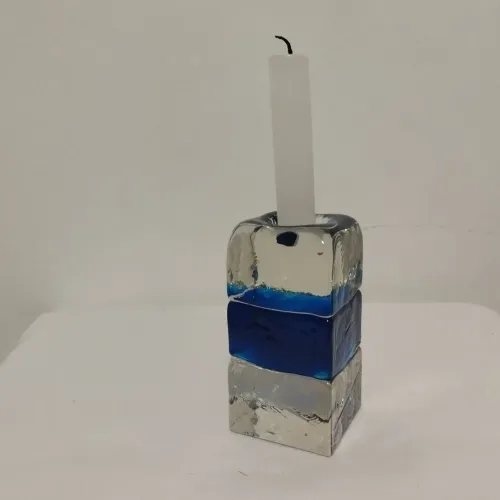 Porta-Velas / Castiçal Bloco Vidro Maciço Artístico Azul Cobalto (10cm)