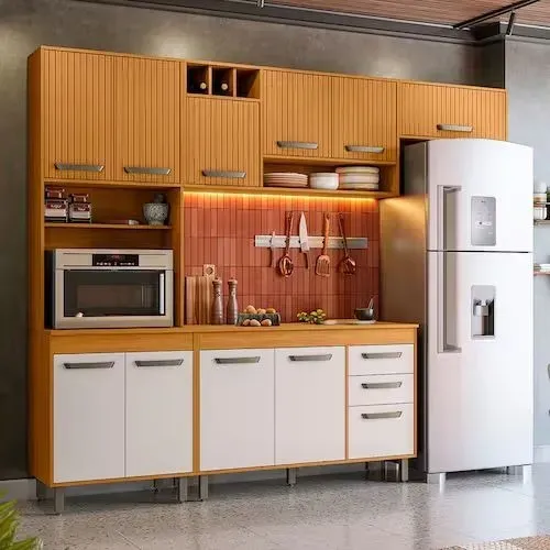 Armário de Cozinha Malta 11 Portas 2 Gavetas Ripado 3D - VELLARI MOVEIS