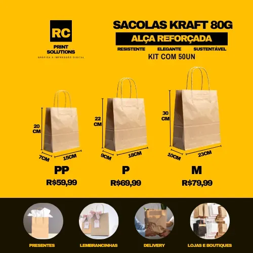 Sacolas de papel Kraft 80g/105g - Tamanhos PP, P, M e G - Kit com 50 unidades