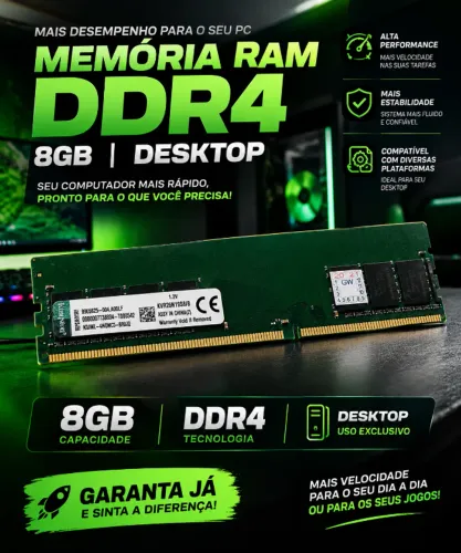 Memória RAM Kingston 8GB DDR4 2666MHz Desktop - KVR26N19S8/8
