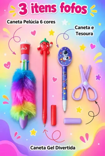 Papelaria Fofa Presente Natal Amigo Oculto Caneta 6 cores Tesoura Caneta Gel