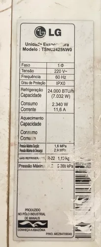 Evaporadora LG 24.000 BTUs