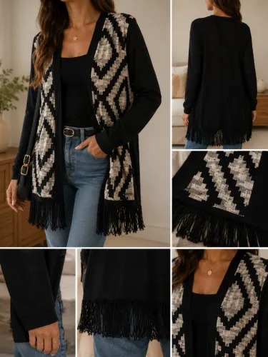 Kimono Feminino Preto Estampado com Franjas | P/M