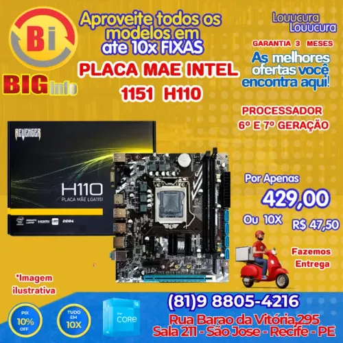 Placa-Mae H110 DDR4 M.2 LGA 1151, Suporte Intel 6ª a 8ª Geração - Em ate 10x Fixas