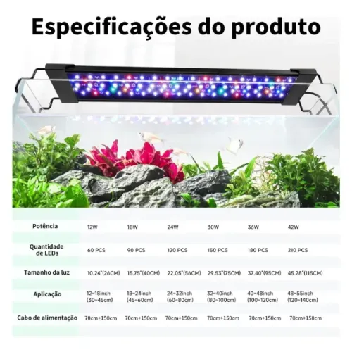 Luz Aquário Espectro Completo Com 9 Cores 72 Leds 50 A 60 Cm 110v-220v Preto
