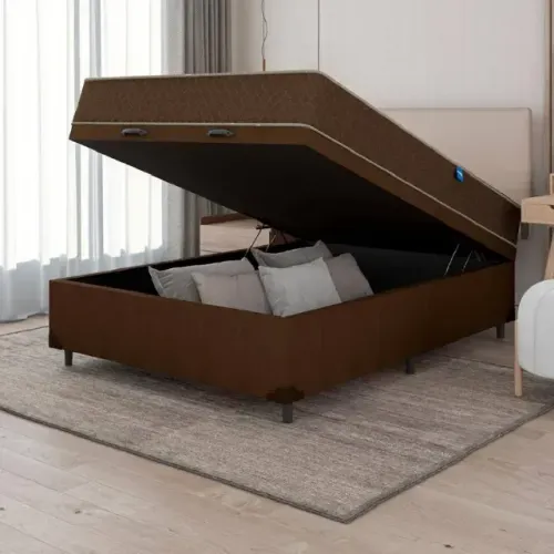 Cama Baú de Casal e Colchão de Casal Molas Marrom
