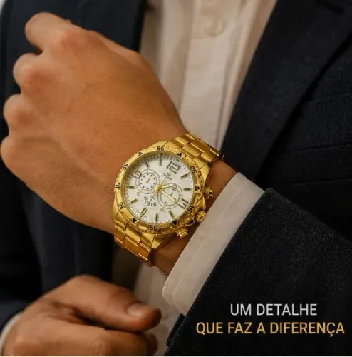 Relógio Masculino Dourado Cronógrafo Aço Inoxidável Novo