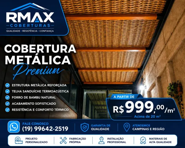 Cobertura Metálica com telha sanduíche e forro de bambu 