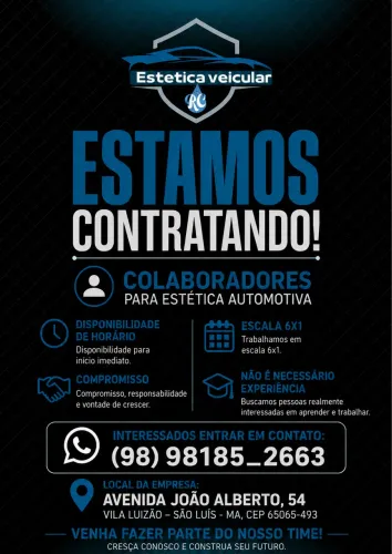 OPORTUNIDADE DE EMPREGO ESTÉTICA AUTOMOTIVA