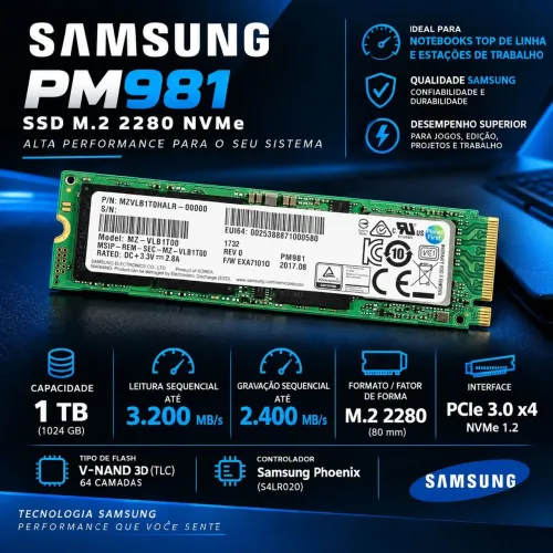 SSD Samsung PM981 1TB 97% de Saúde (Excelente Estado