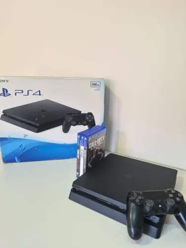 PS4 SLIM NA CAIXA + CONTROLE ORIGINAL + 3 JOGOS!