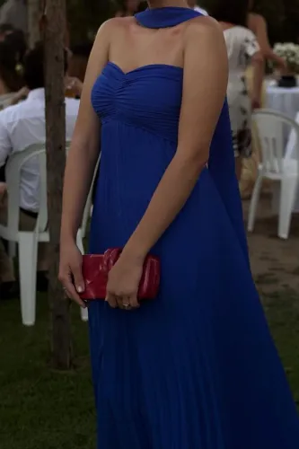 Vestido de festa plissado azul