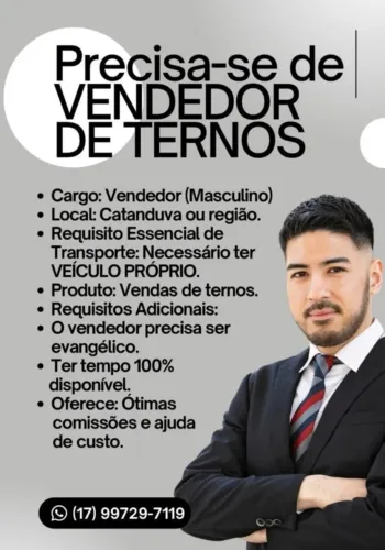 Vaga para vendedores, vendas de ternos no varejo (com veiculo próprio)