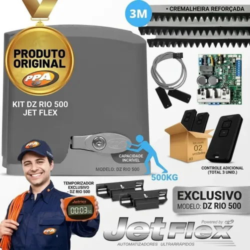 'MOTOR P/ PORTÃO DZ RIO 500 JETFLEX PPA; Abertura rápida 4 segundos'. Solução completa!