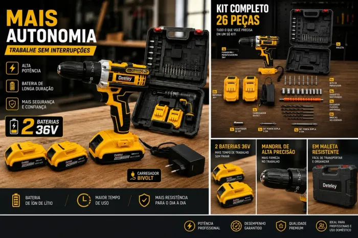 ? Parafusadeira/Furadeira 36vSem Fio com Kit Completo - 26 Peças