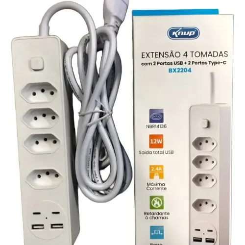 Extensão Com 4 Tomadas E 2 Portas Usb +2 Portas Usb-c Knup