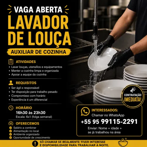 Vaga Lavador de Louça - Restaurante (Período Noturno)